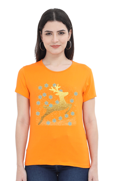 Artredis Women Cotton Printed Regular Fit T-Shirts | Reindeer| Half Sleeves | Round Neck